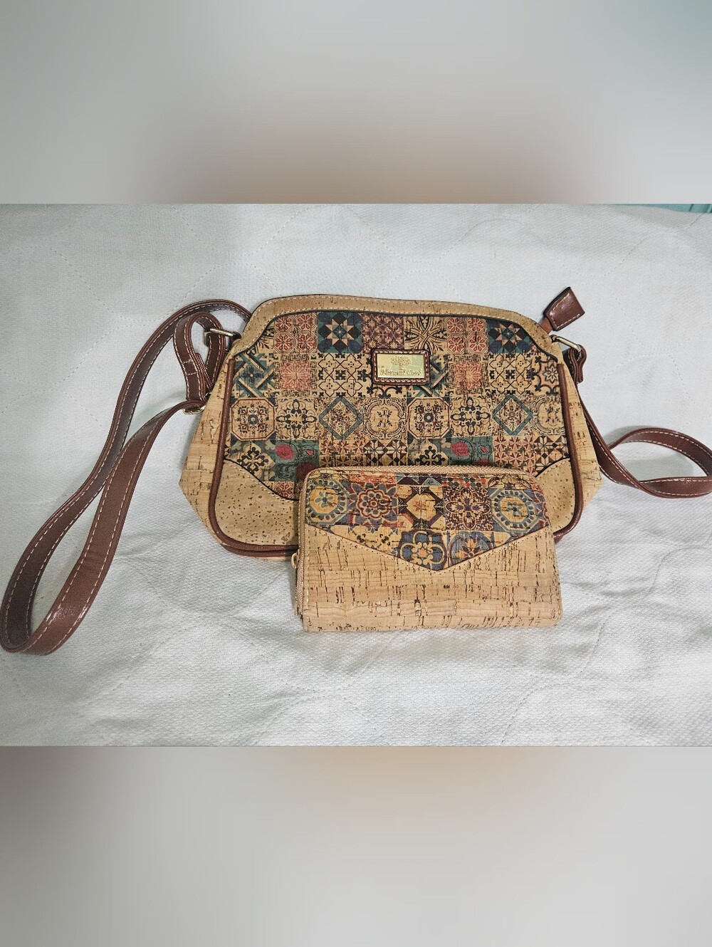 Portuguese Cork Crossbody Bag and Wallet Set, Brown & Beige